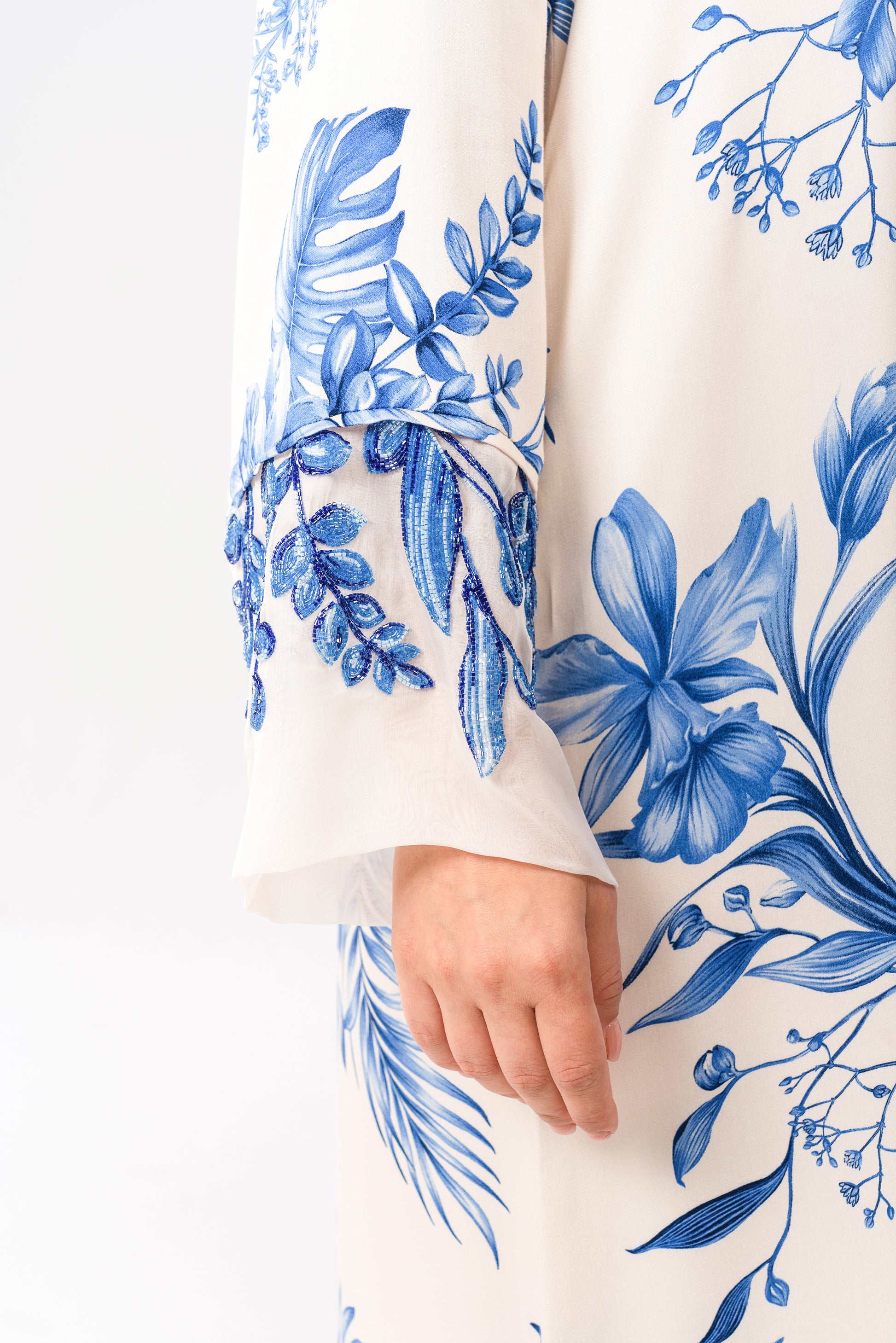 Italian Floral 3D Embroidered Azure Botanica Viscose Satin Caftan