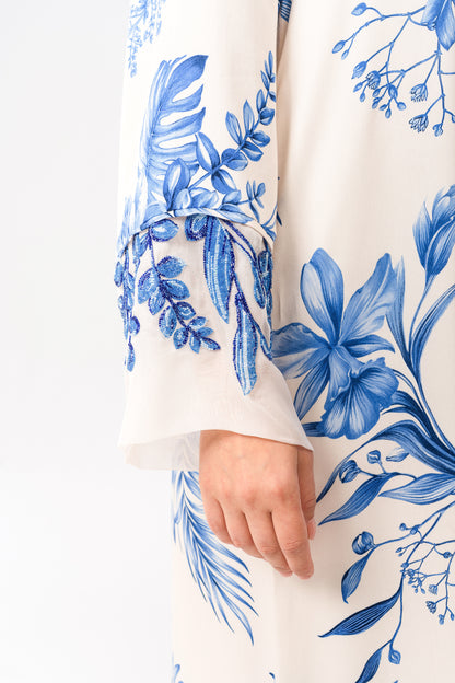 Italian Floral 3D Embroidered Azure Botanica Viscose Satin Caftan