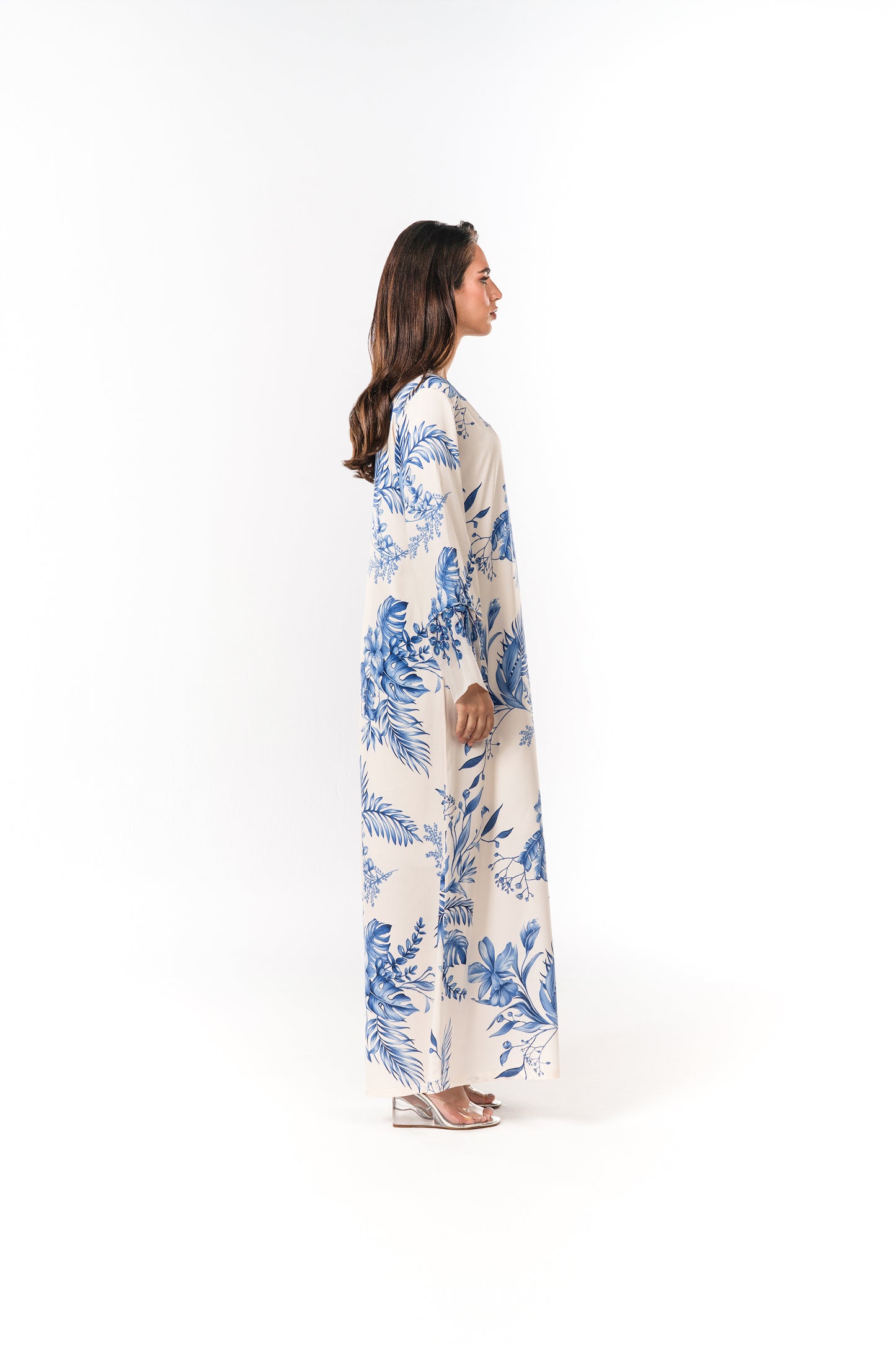 Italian Floral 3D Embroidered Azure Botanica Viscose Satin Caftan