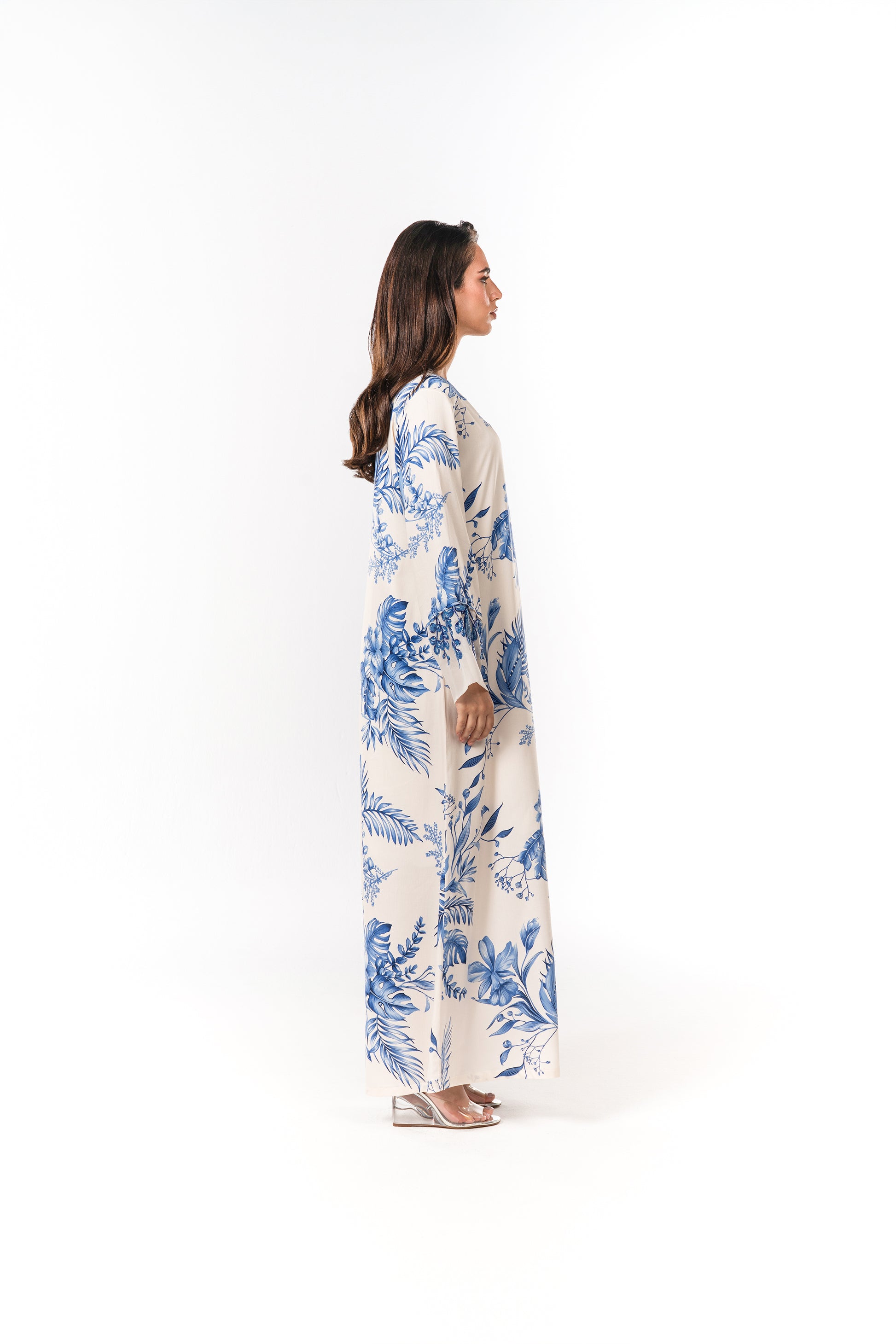 Italian Floral 3D Embroidered Azure Botanica Viscose Satin Caftan