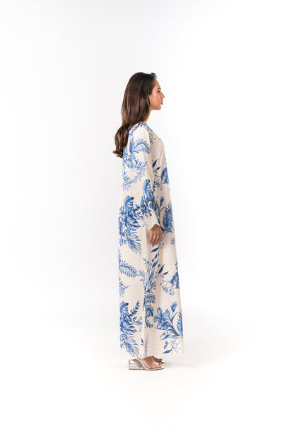 Italian Floral 3D Embroidered Azure Botanica Viscose Satin Caftan