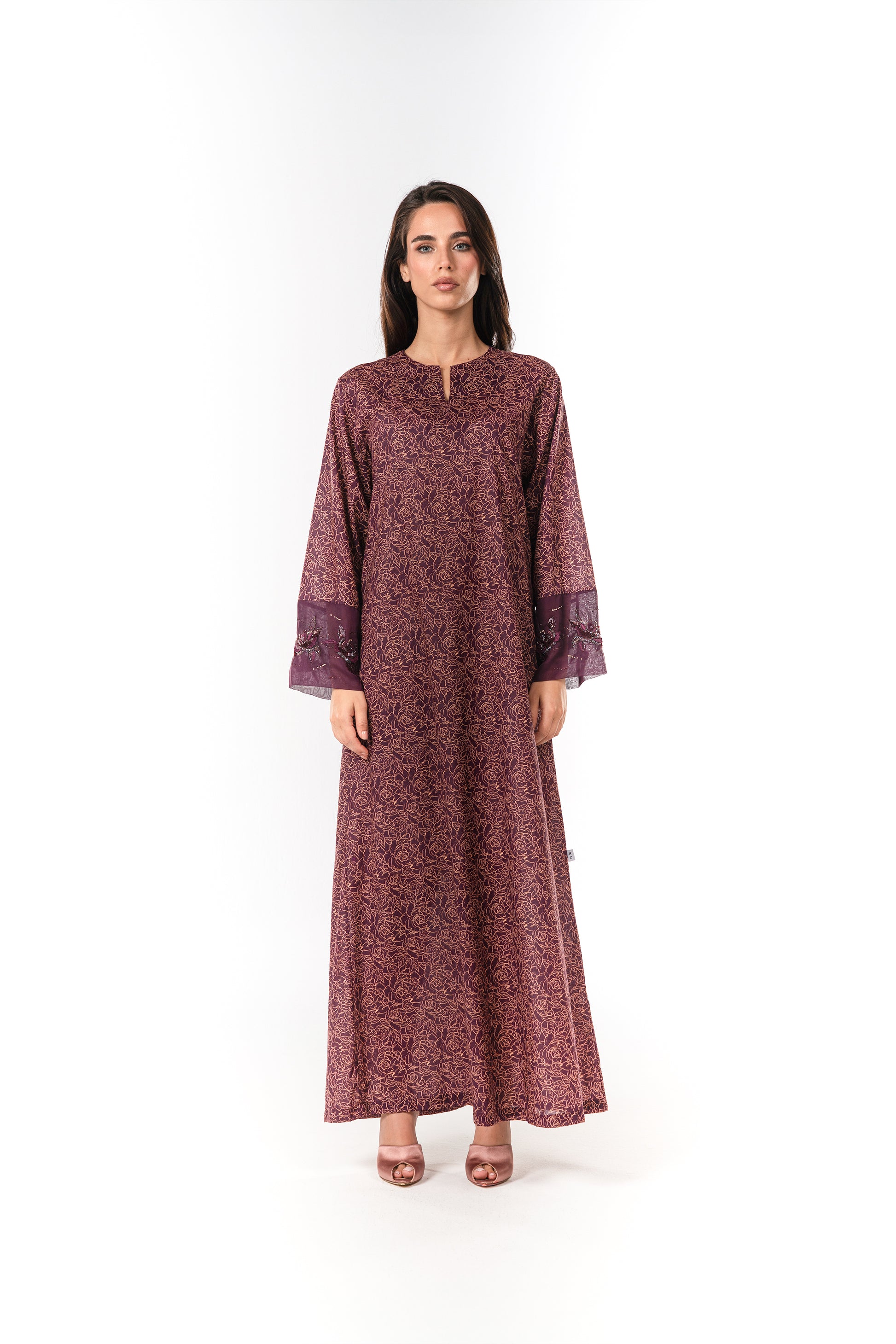Italian Floral 3D Embroidered Burgundy Bloom Cotton Caftan