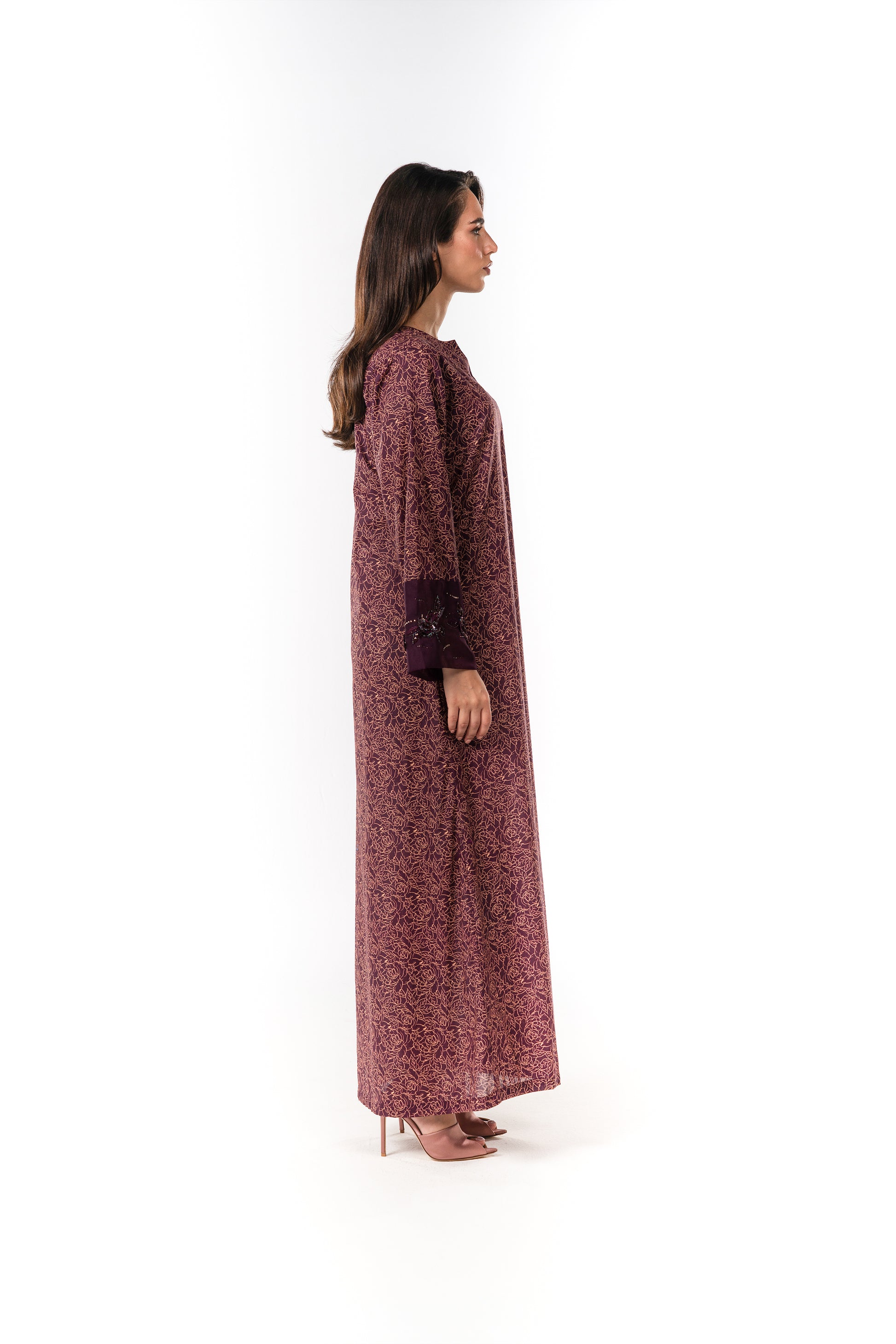 Italian Floral 3D Embroidered Burgundy Bloom Cotton Caftan