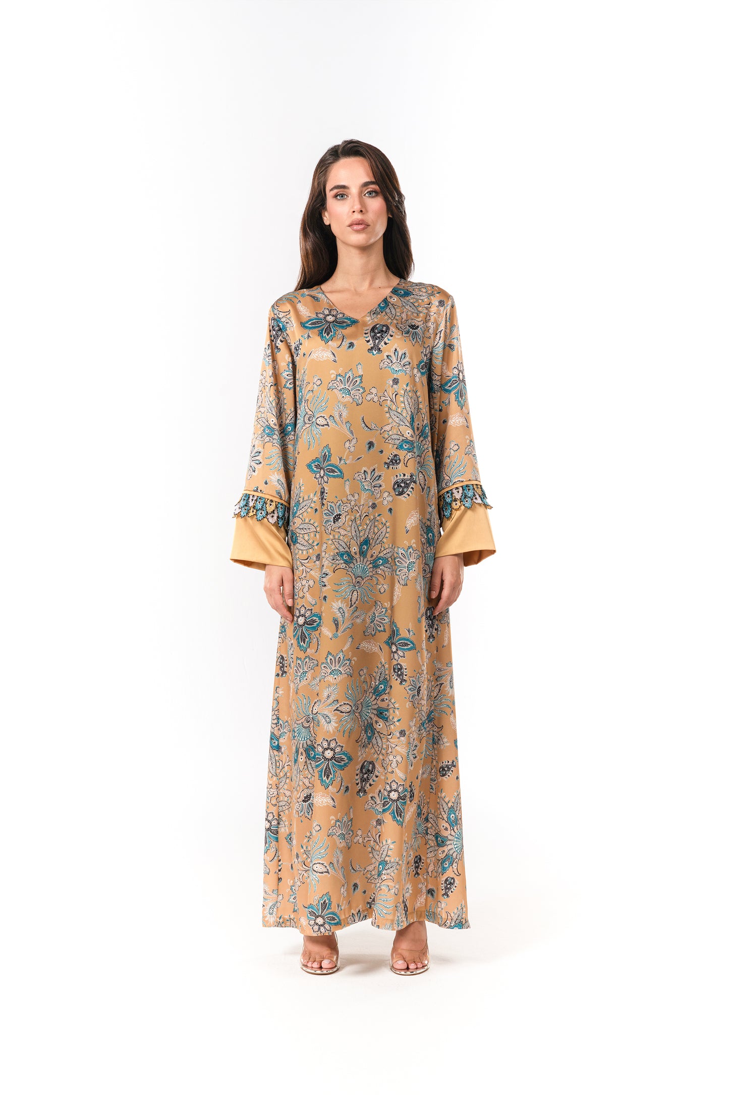 Italian Floral 3D Embroidered Golden Mirage Twill Caftan