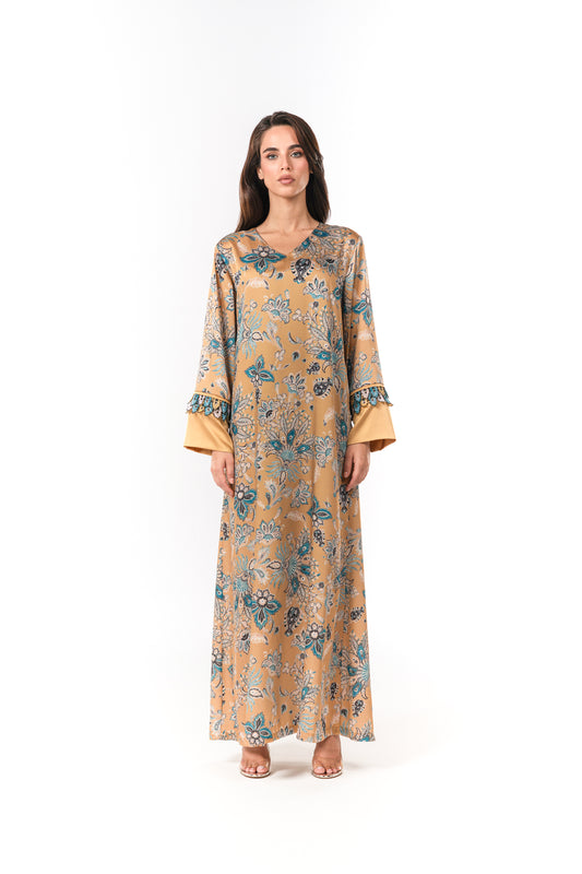 Italian Floral 3D Embroidered Golden Mirage Twill Caftan