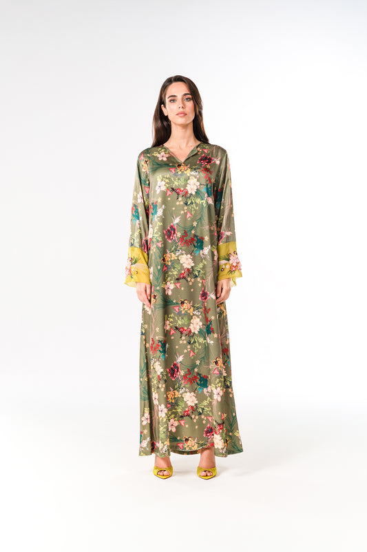 Italian Floral 3D Embroidered Olive Bloom Viscose Satin Caftan