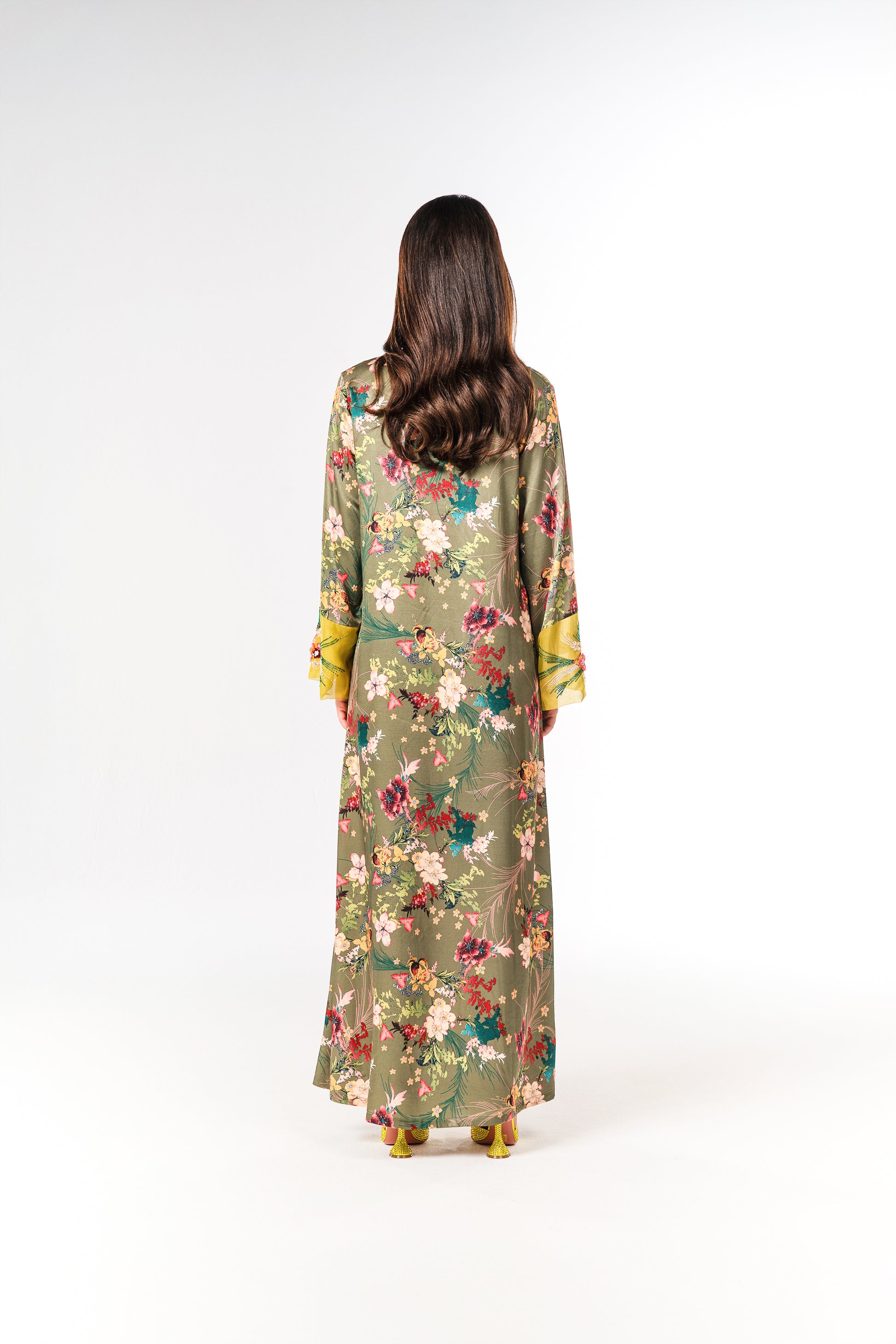 Italian Floral 3D Embroidered Olive Bloom Viscose Satin Caftan