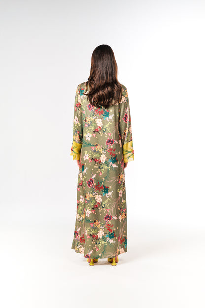 Italian Floral 3D Embroidered Olive Bloom Viscose Satin Caftan