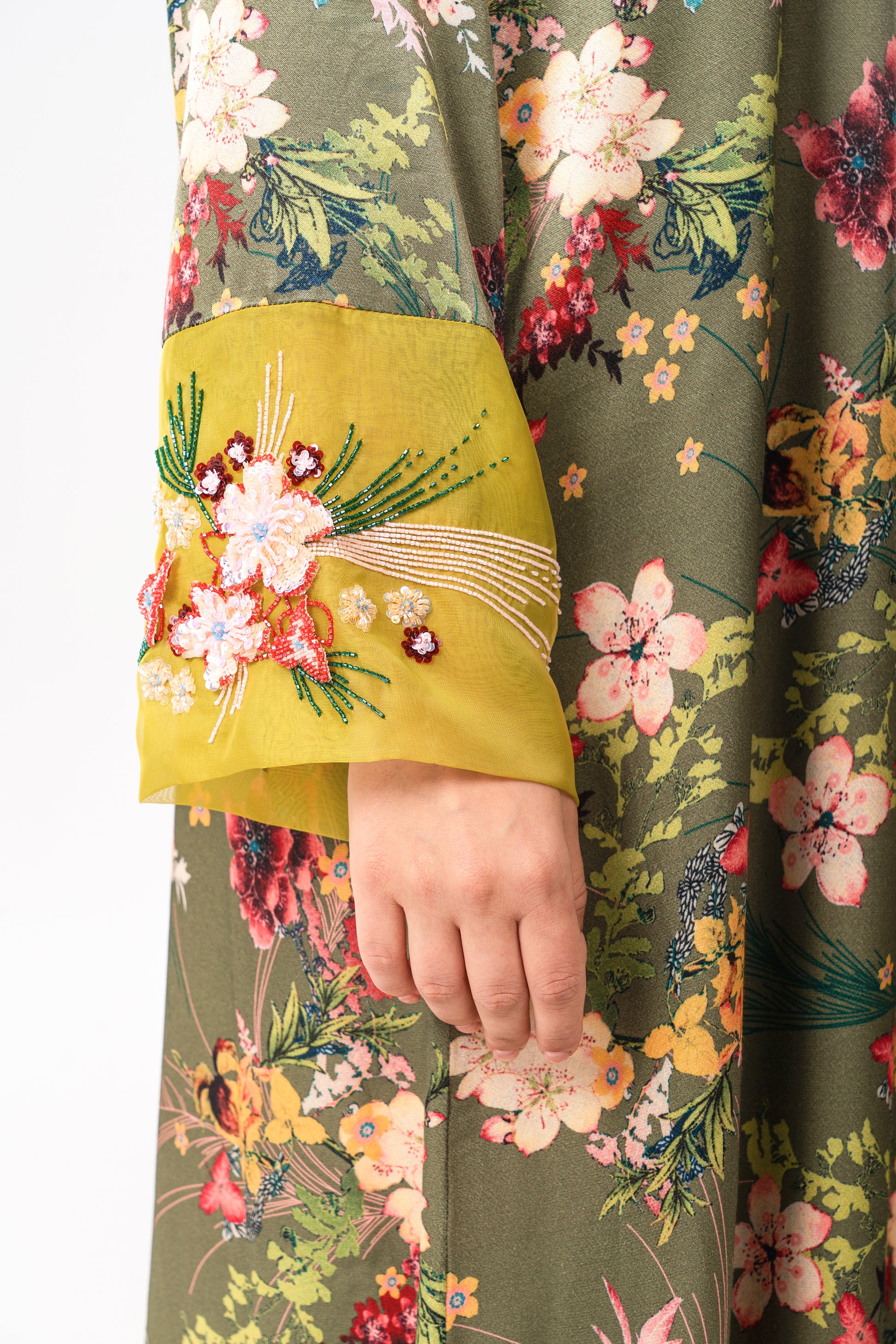 Italian Floral 3D Embroidered Olive Bloom Viscose Satin Caftan