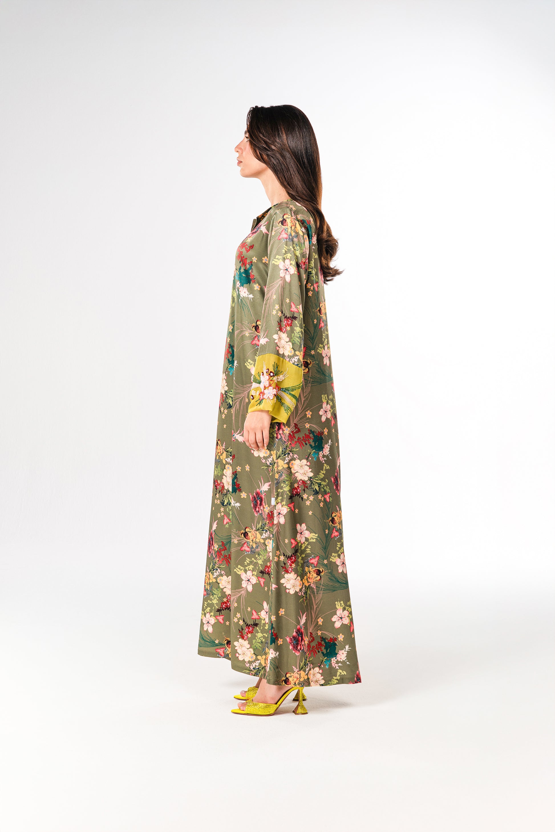 Italian Floral 3D Embroidered Olive Bloom Viscose Satin Caftan