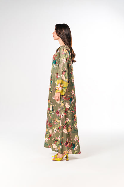 Italian Floral 3D Embroidered Olive Bloom Viscose Satin Caftan