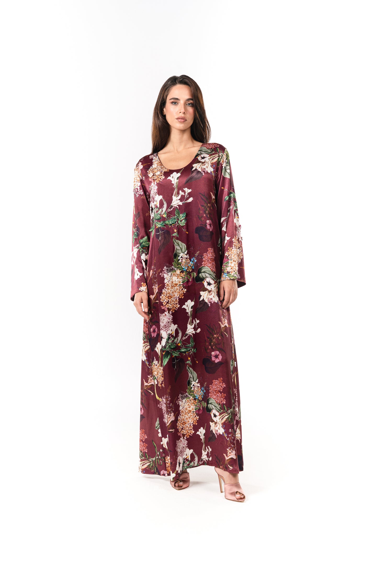 Italian Floral 3D Embroidered Raspberry Viscose Satin Caftan