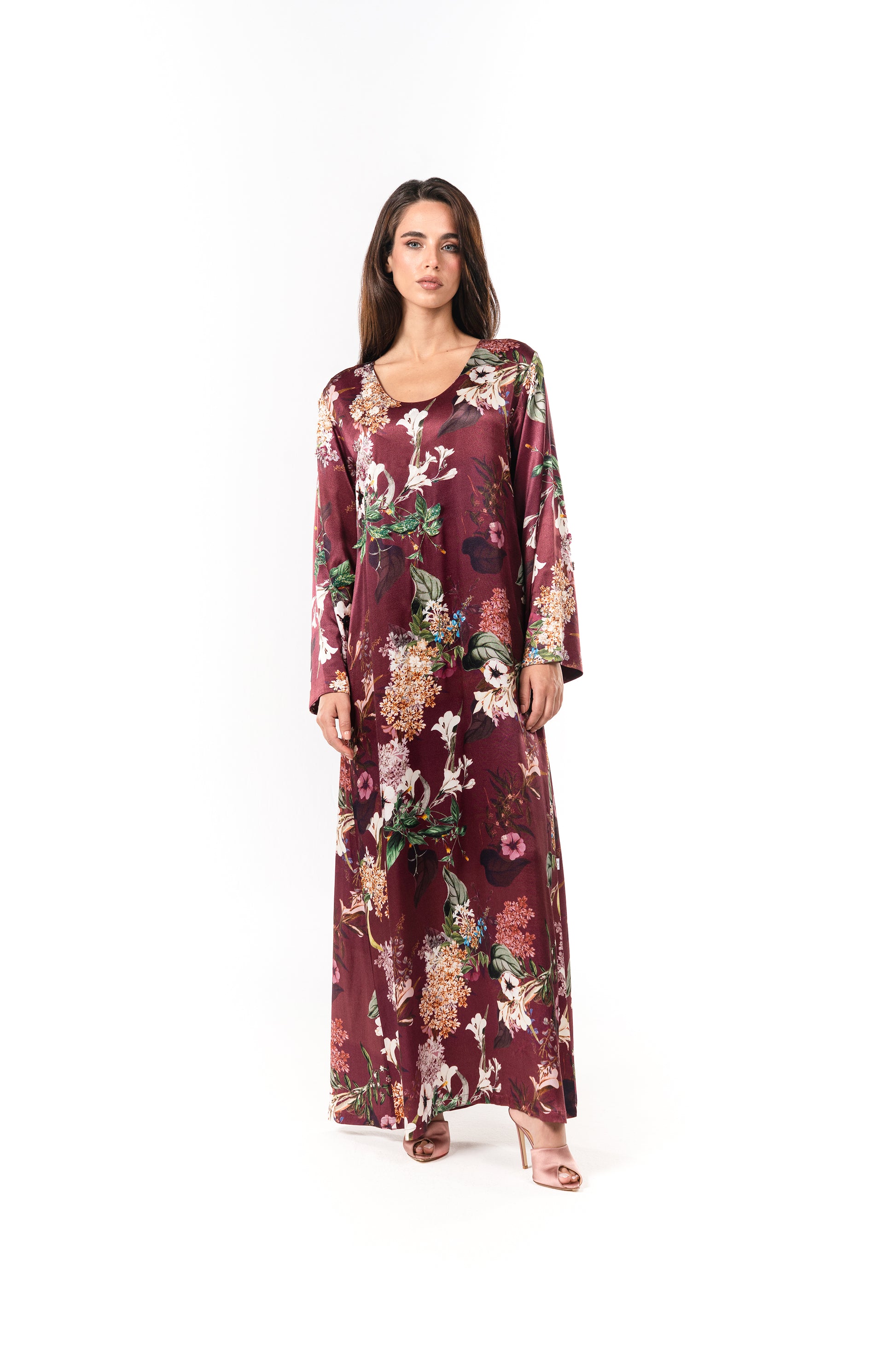 Italian Floral 3D Embroidered Raspberry Viscose Satin Caftan