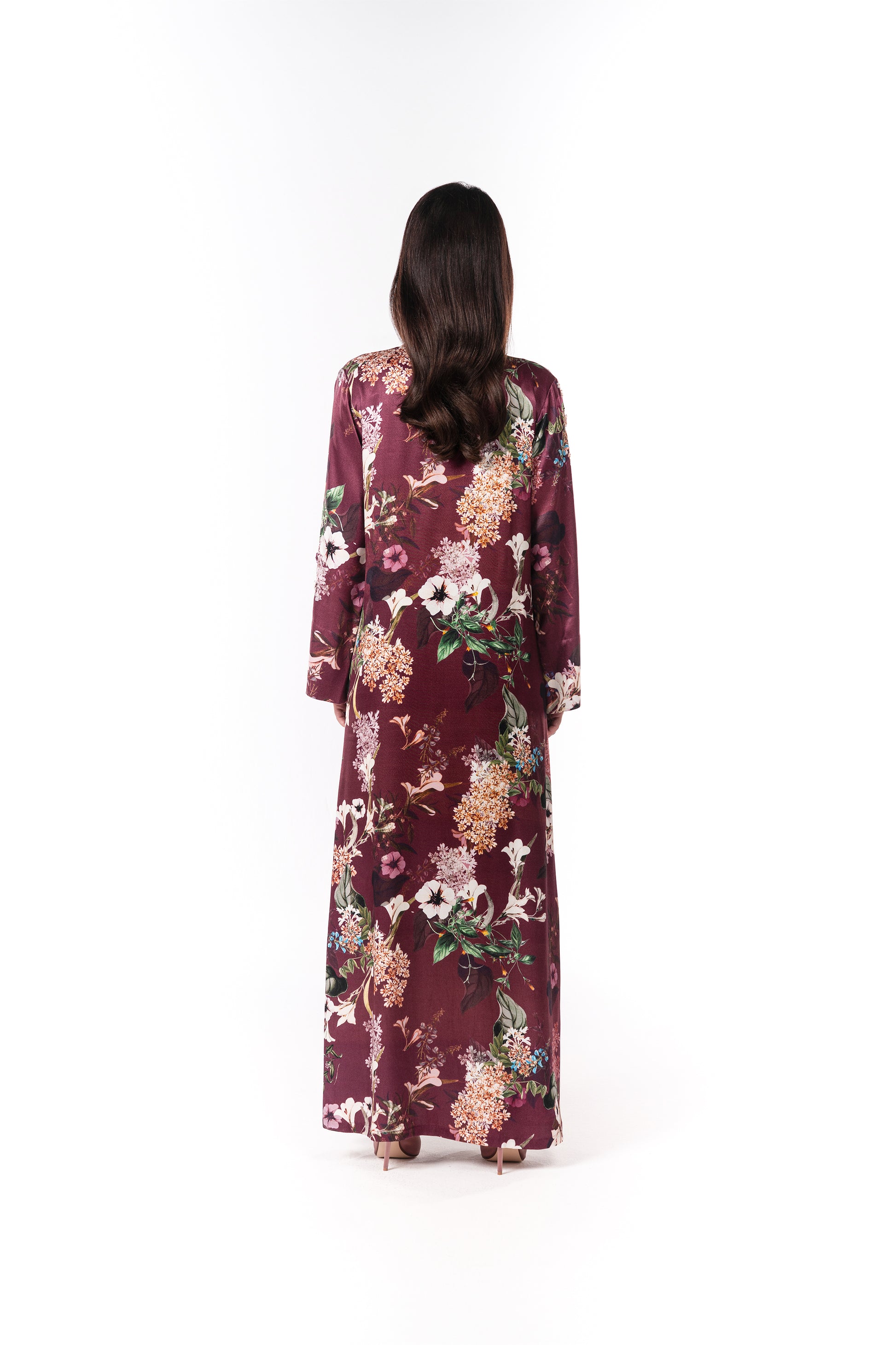 Italian Floral 3D Embroidered Raspberry Viscose Satin Caftan
