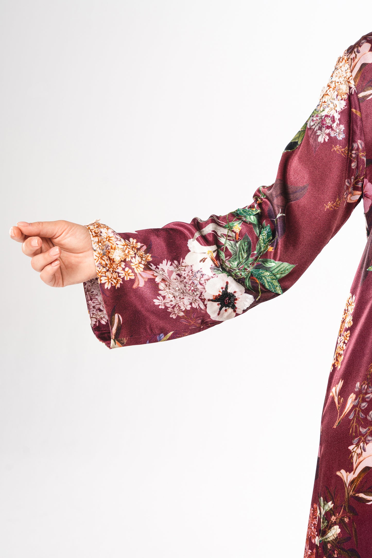 Italian Floral 3D Embroidered Raspberry Viscose Satin Caftan