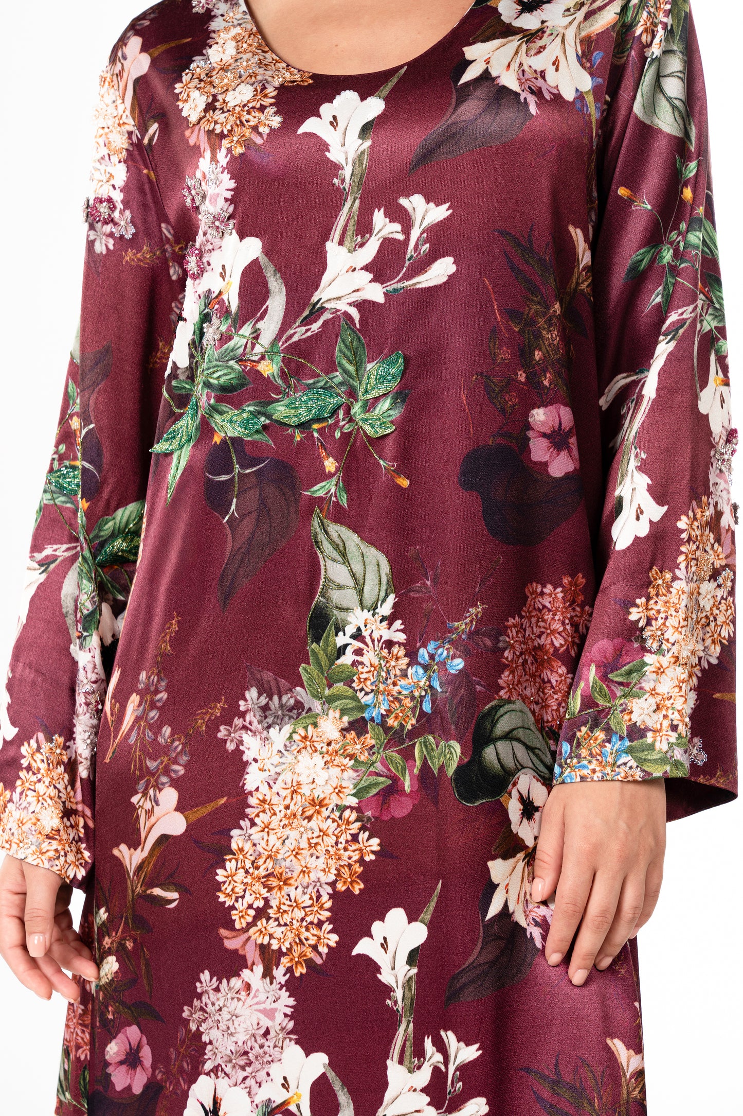 Italian Floral 3D Embroidered Raspberry Viscose Satin Caftan