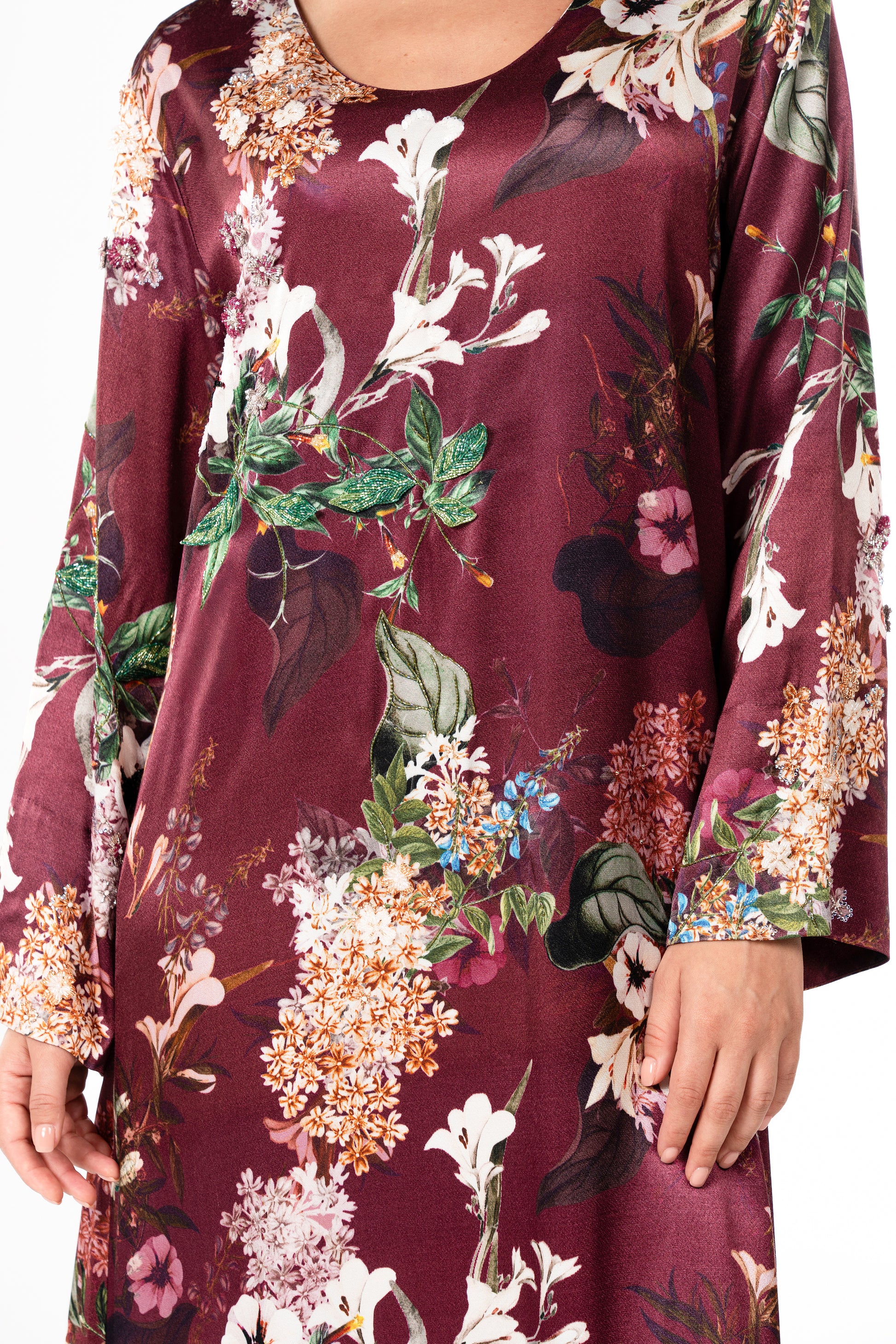 Italian Floral 3D Embroidered Raspberry Viscose Satin Caftan