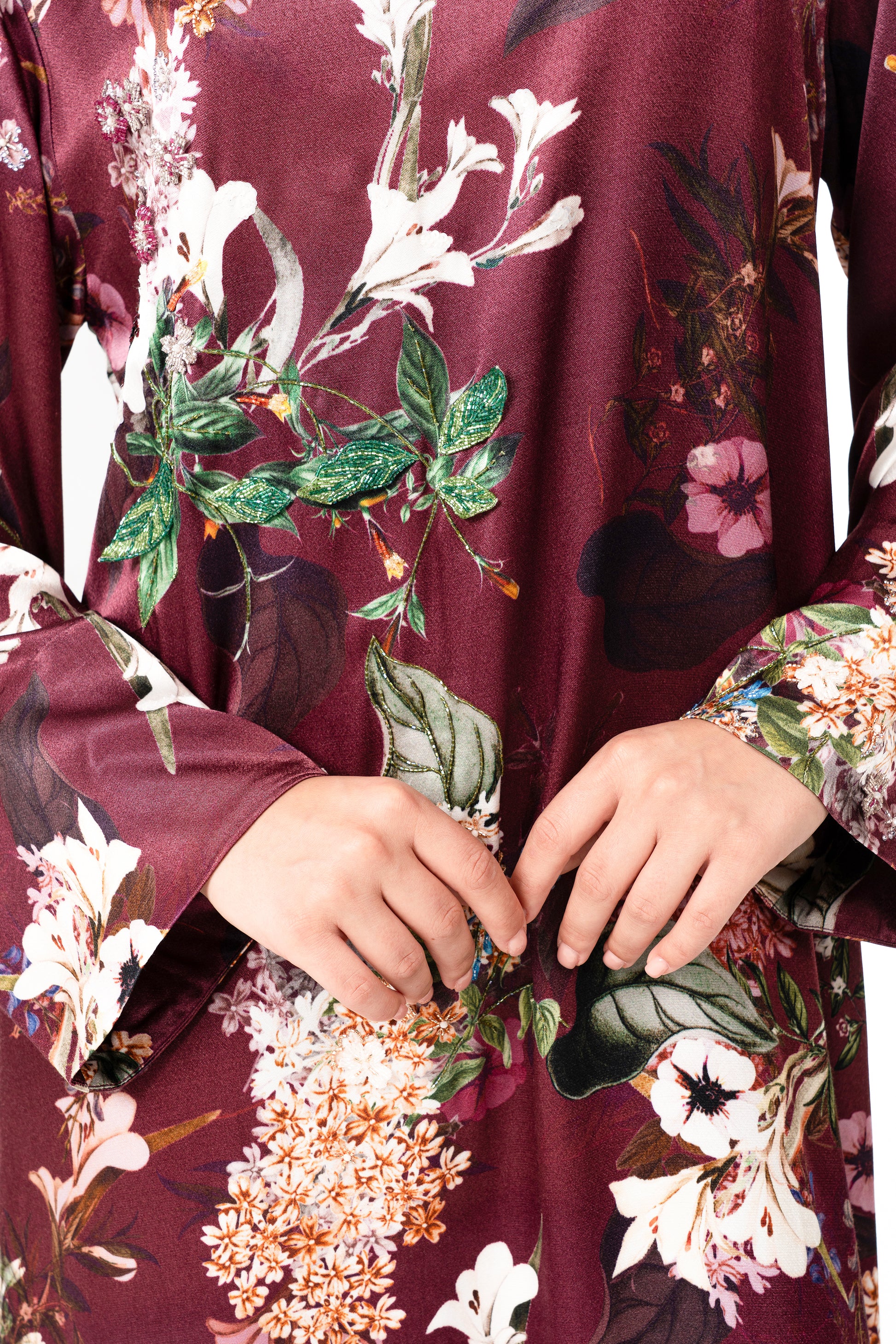 Italian Floral 3D Embroidered Raspberry Viscose Satin Caftan