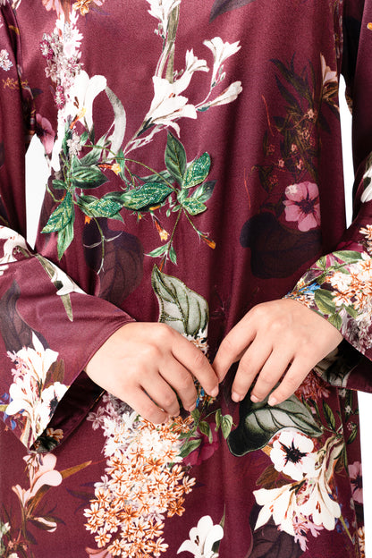 Italian Floral 3D Embroidered Raspberry Viscose Satin Caftan