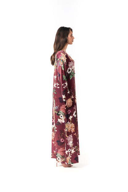Italian Floral 3D Embroidered Raspberry Viscose Satin Caftan