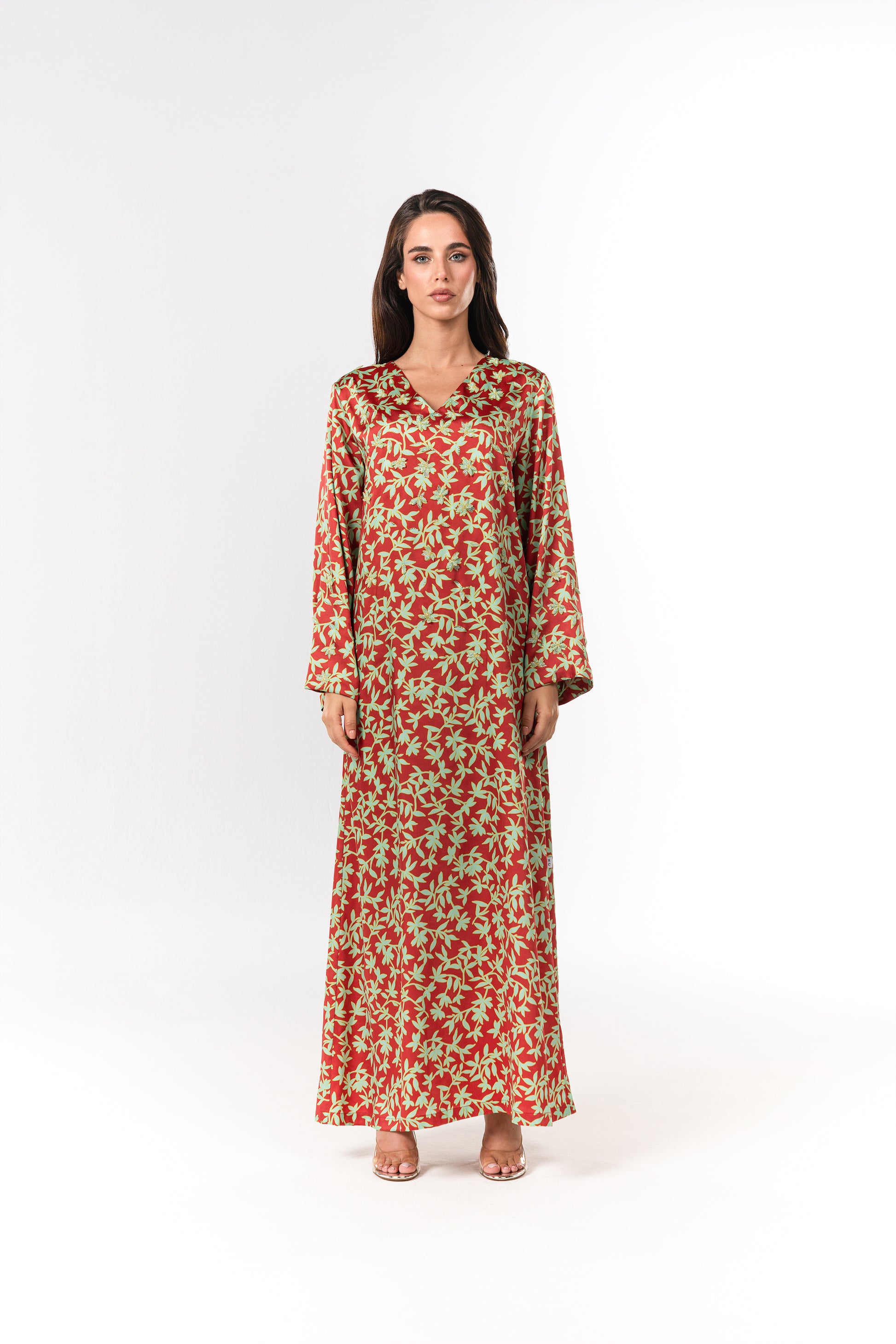 Italian Floral 3D Embroidered Red Garden Twill Caftan