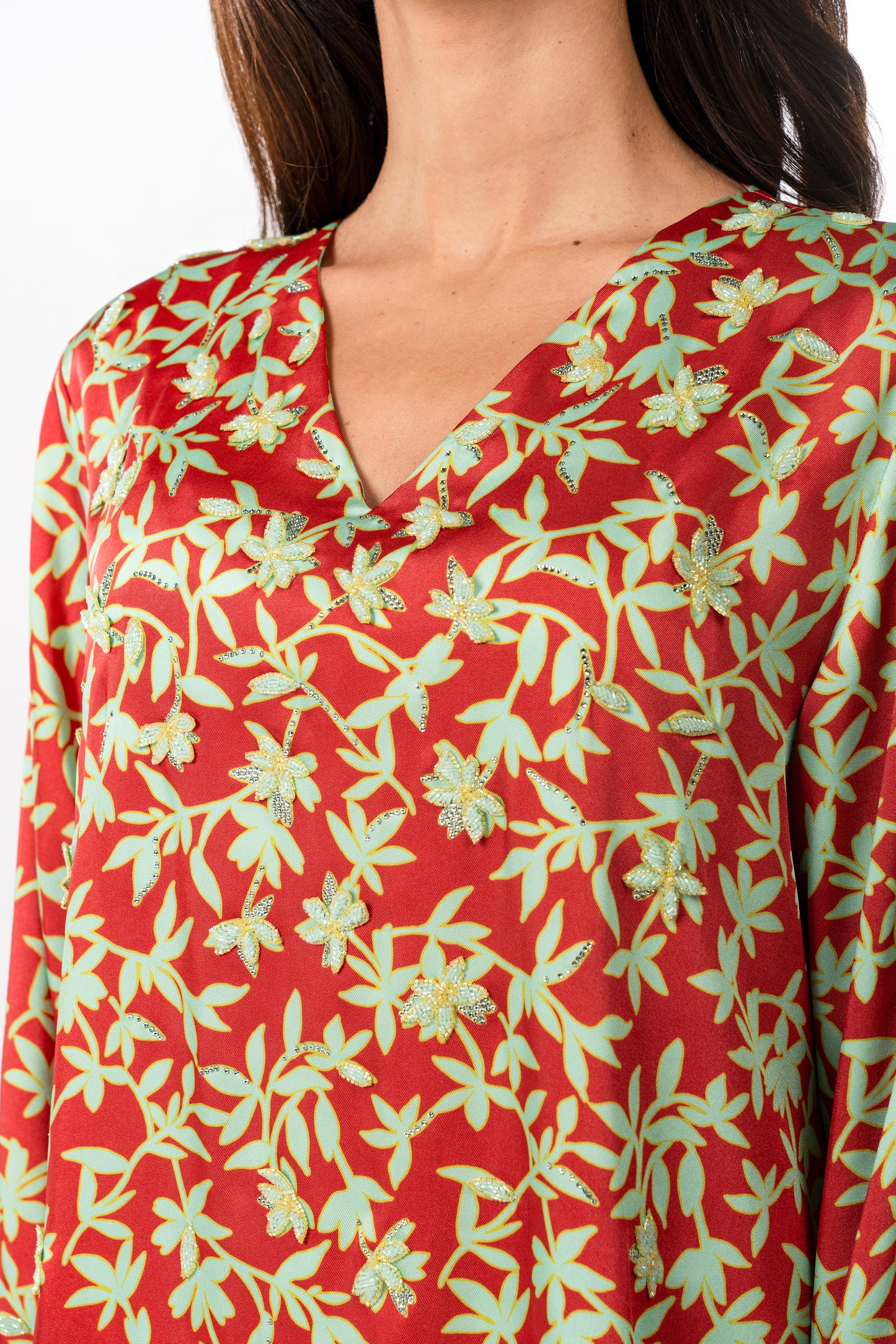 Italian Floral 3D Embroidered Red Garden Twill Caftan close