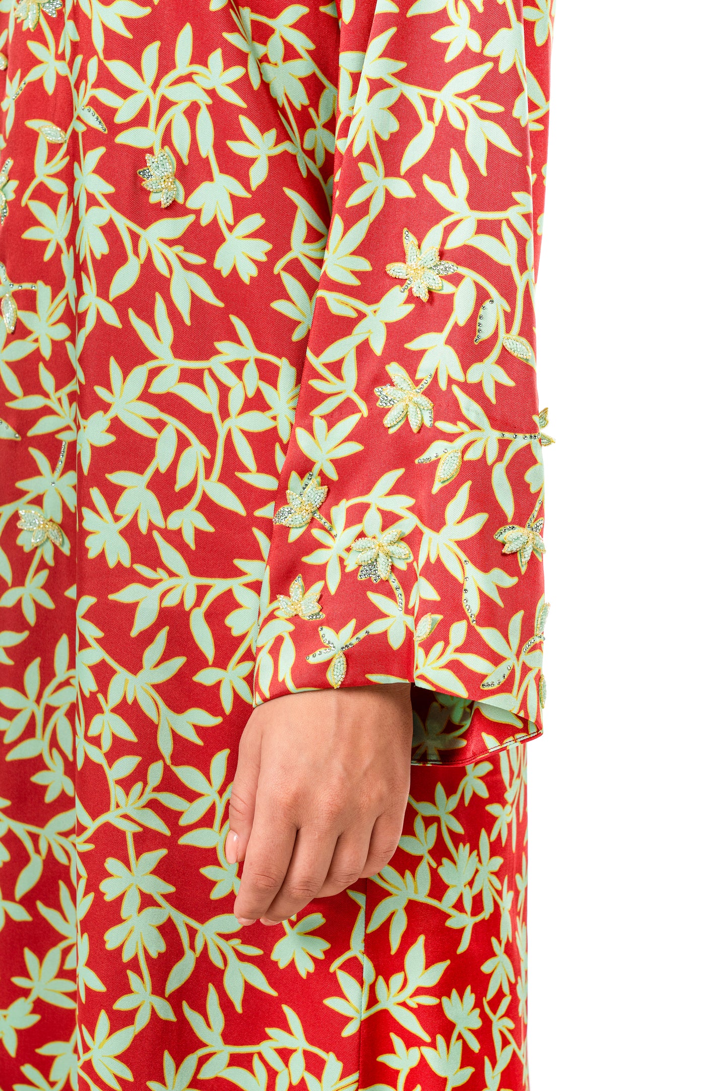 Italian Floral 3D Embroidered Red Garden Twill Caftan