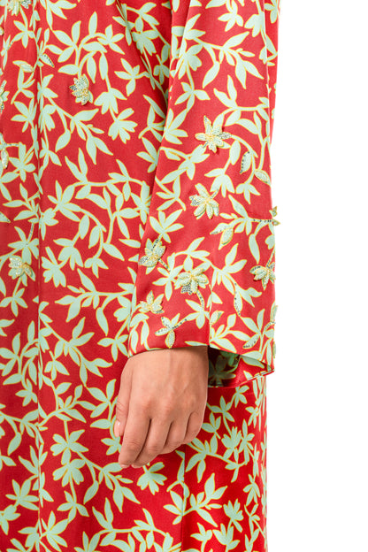 Italian Floral 3D Embroidered Red Garden Twill Caftan