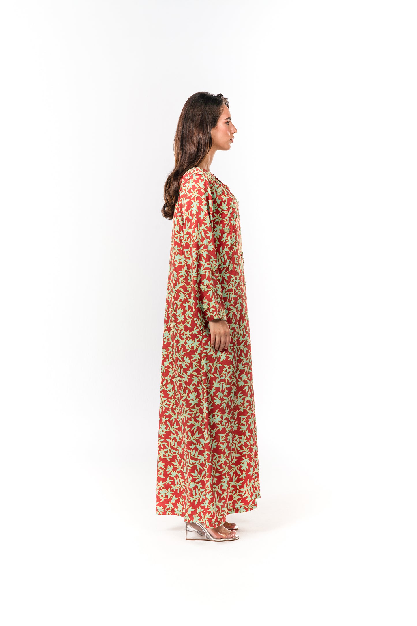 Italian Floral 3D Embroidered Red Garden Twill Caftan