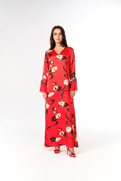 Italian Floral 3D Embroidered Rouge Jardin Viscose Satin Caftan