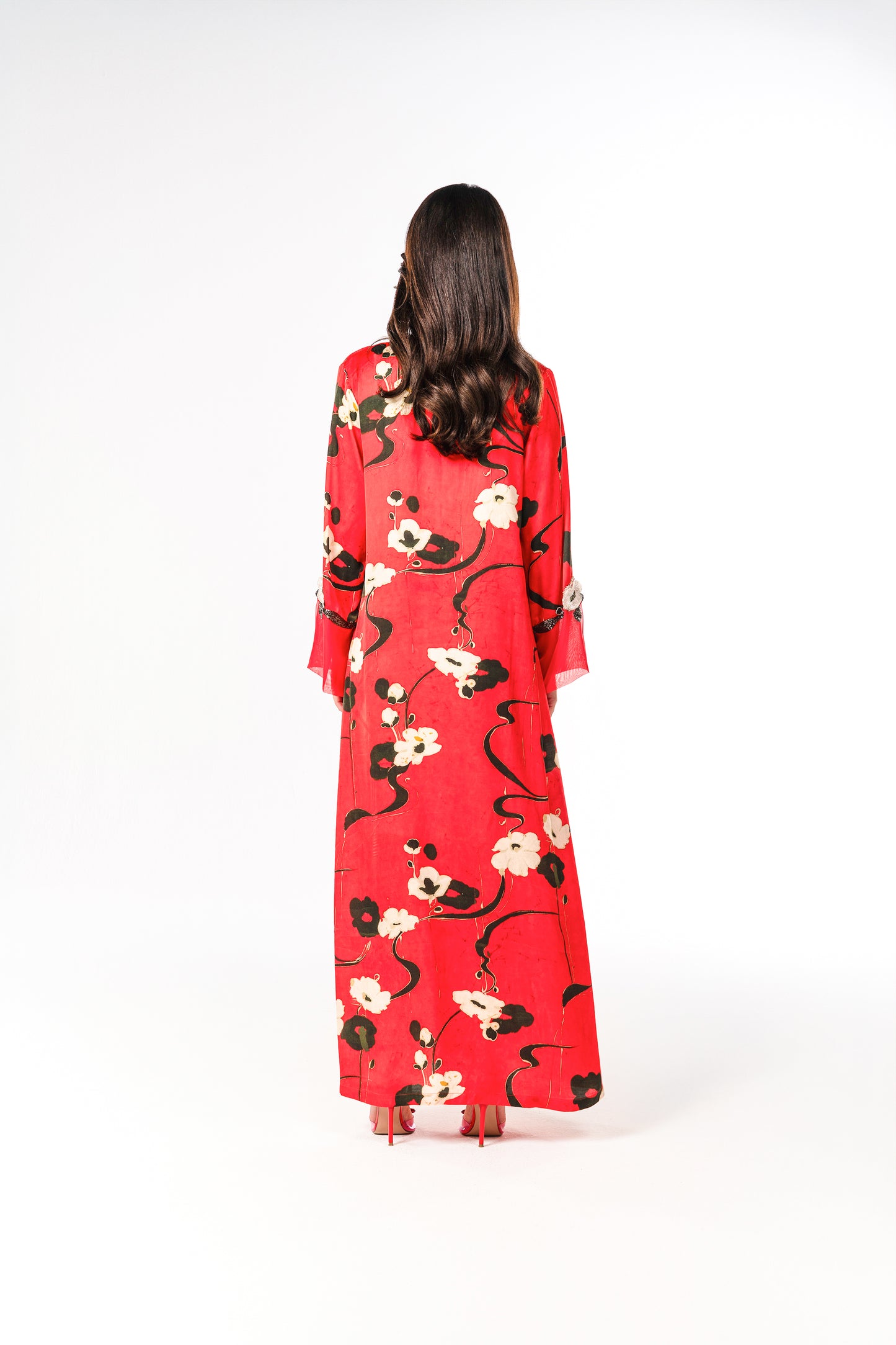 Italian Floral 3D Embroidered Rouge Jardin Viscose Satin Caftan