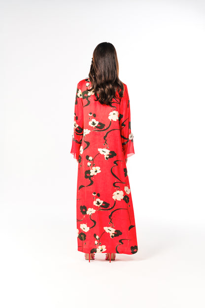 Italian Floral 3D Embroidered Rouge Jardin Viscose Satin Caftan