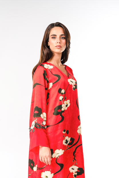 Italian Floral 3D Embroidered Rouge Jardin Viscose Satin Caftan