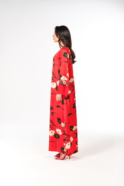 Italian Floral 3D Embroidered Rouge Jardin Viscose Satin Caftan