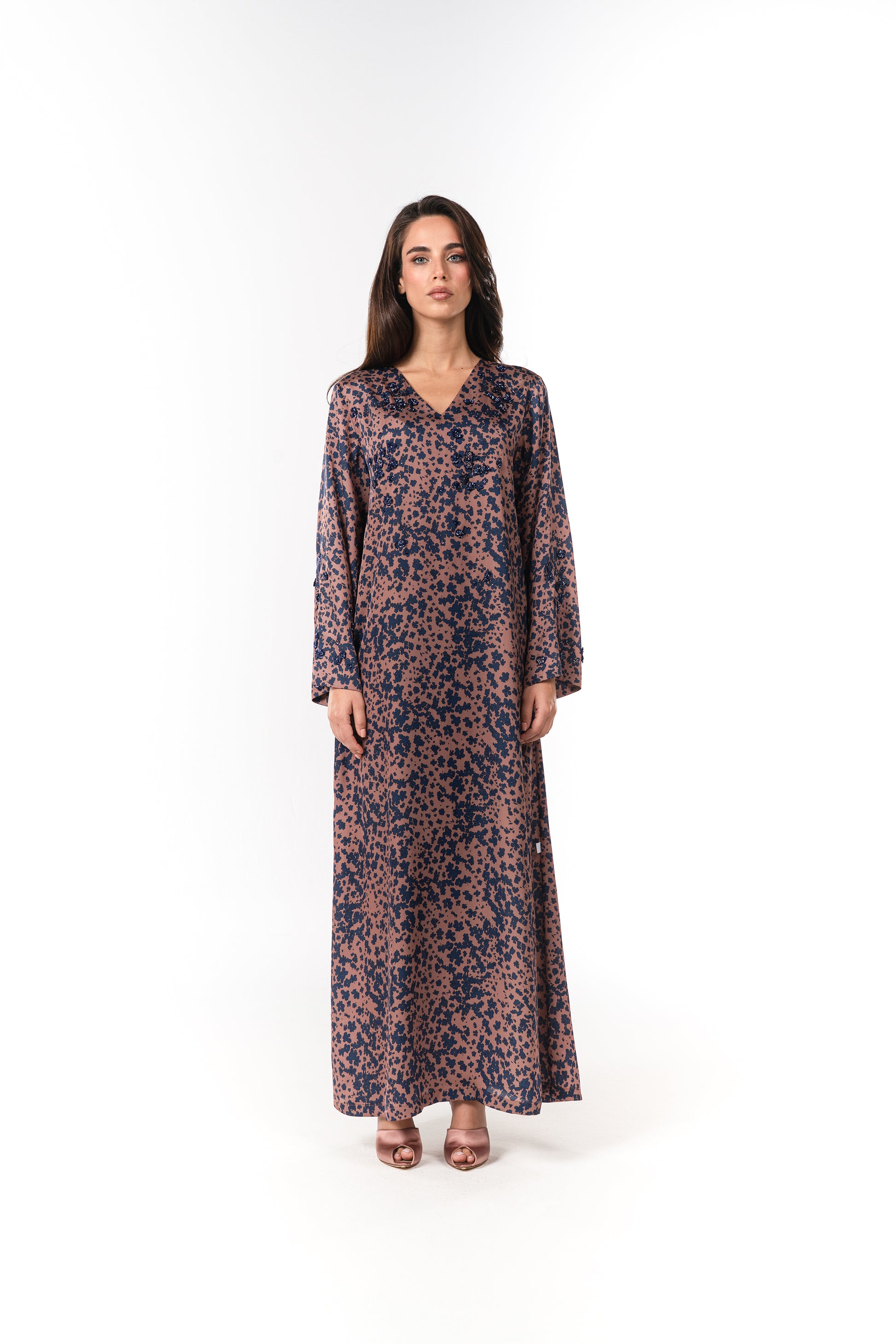 Italian Floral 3D Embroidered Vintage Rose Twill Caftan