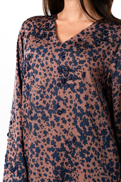 Italian Floral 3D Embroidered Vintage Rose Twill Caftan