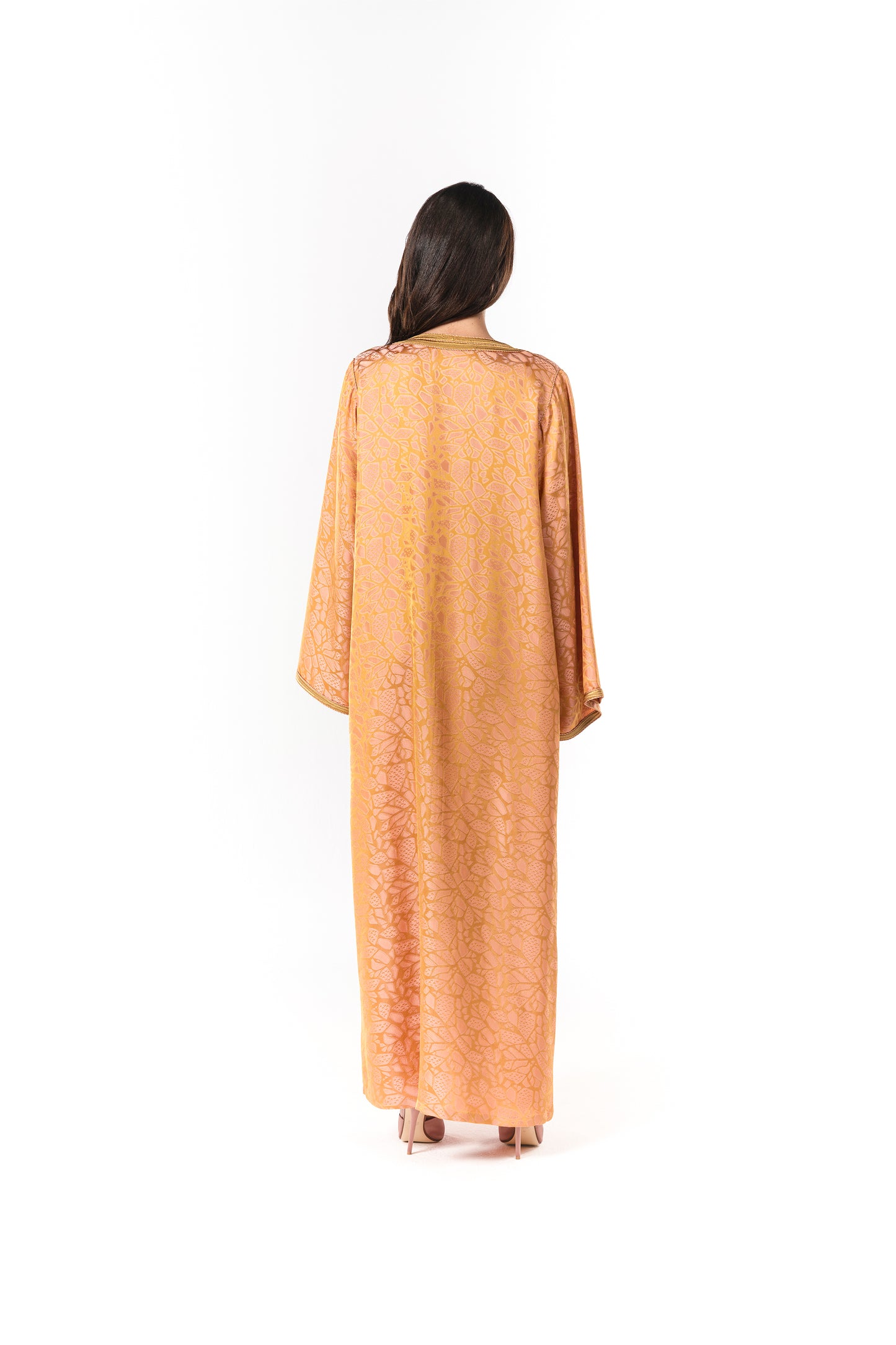 Italian Golden Peach Jacquard Hand Embroidered Caftan