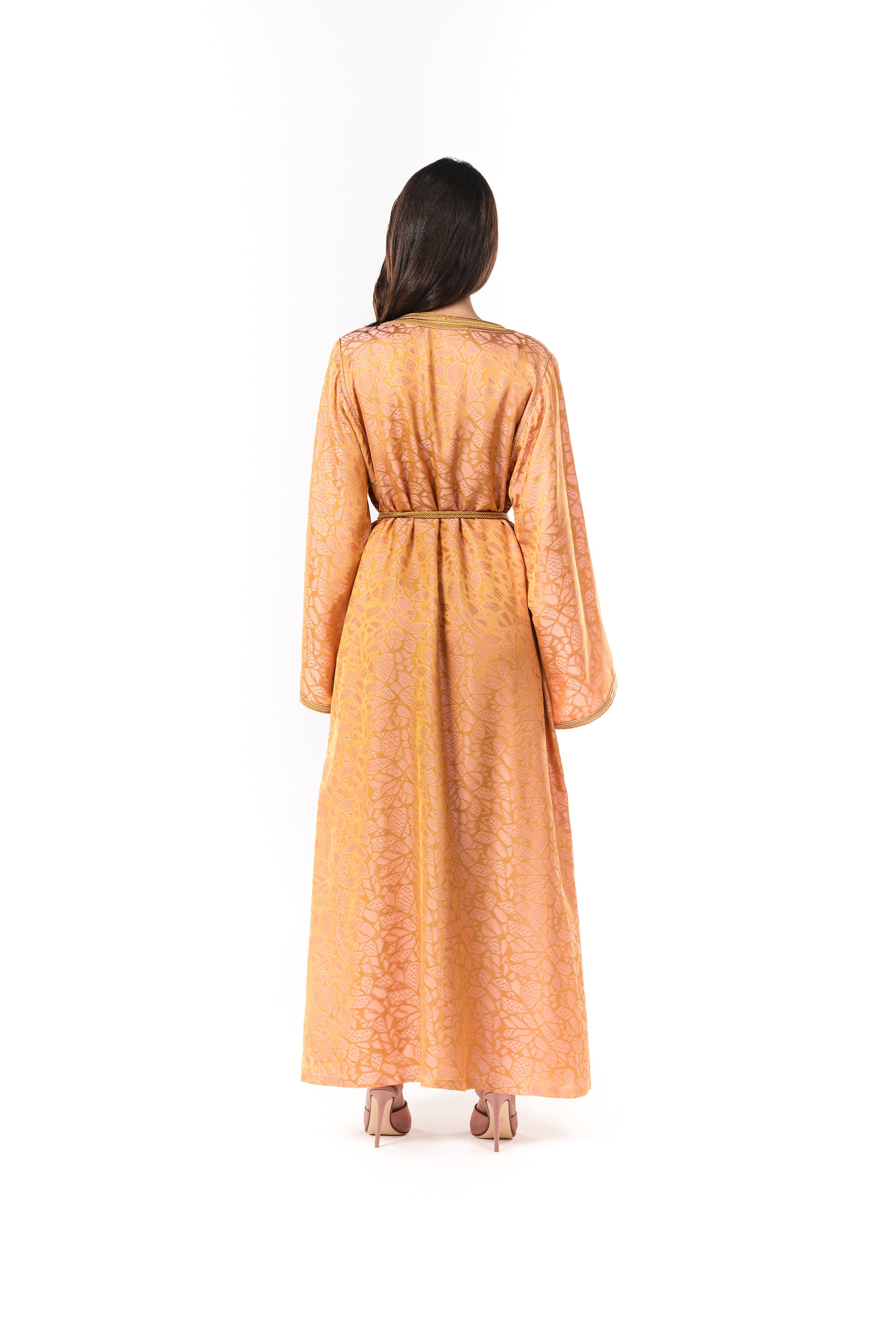 Italian Golden Peach Jacquard Hand Embroidered Caftan