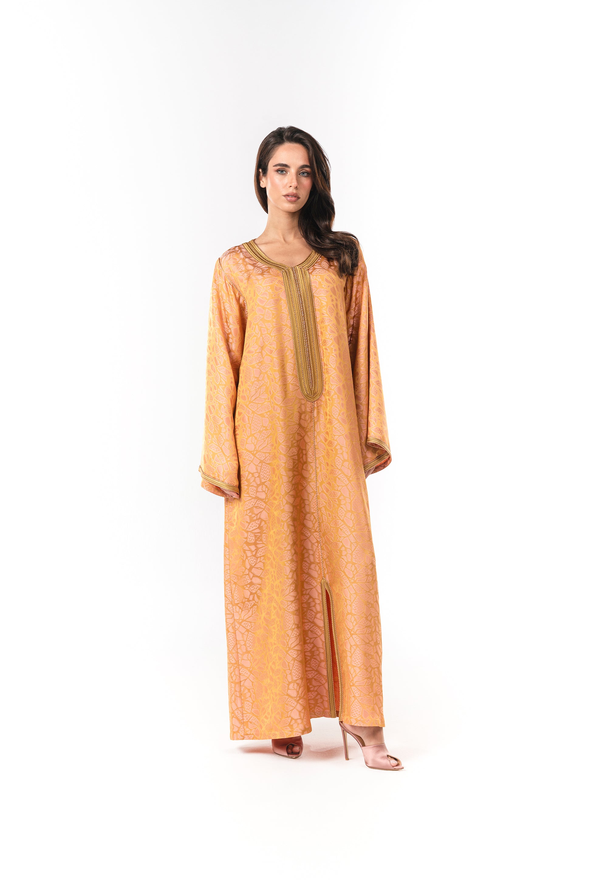 Italian Golden Peach Jacquard Hand Embroidered Caftan