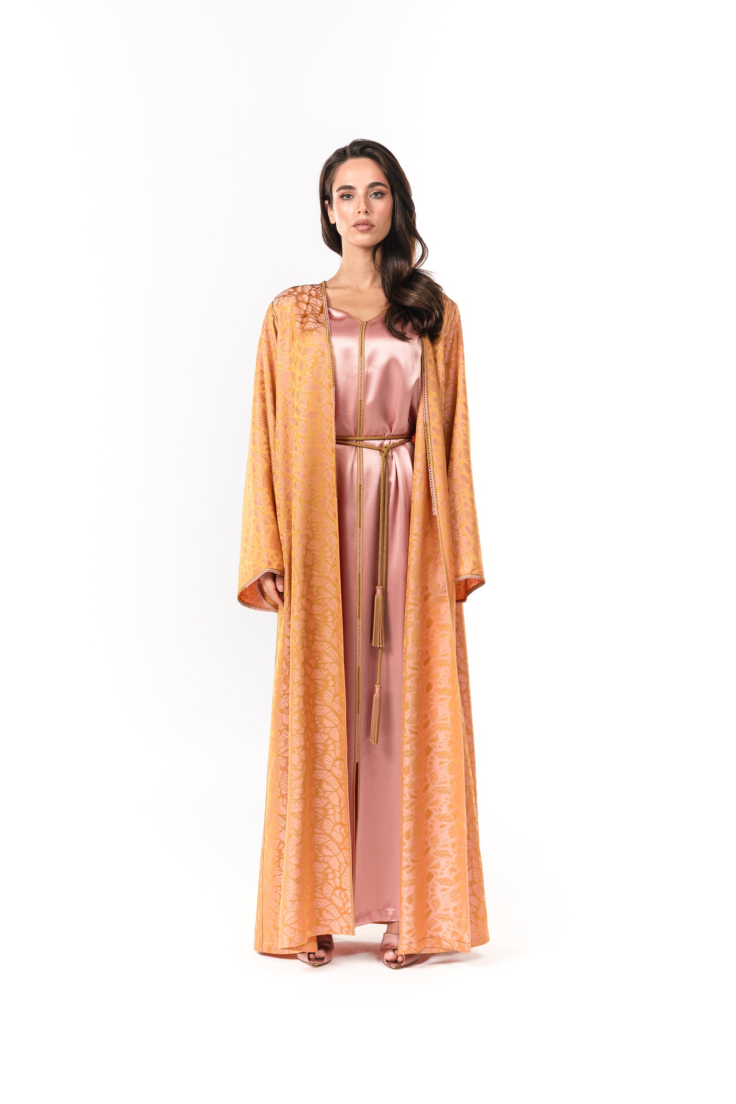 Italian Golden Rose Jacquard Hand Embroidered Caftan (2 Pieces)