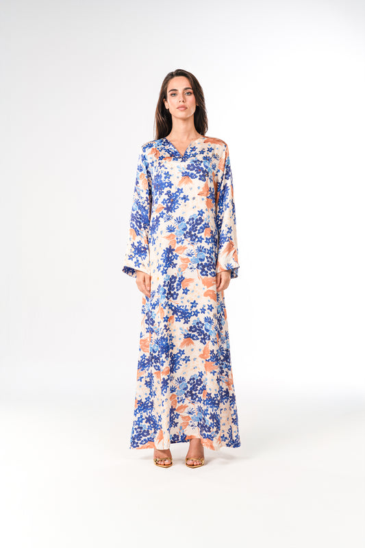 Italian Mediterranean Bloom Viscose Satin Caftan