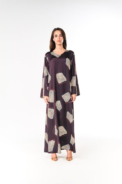 Italian Midnight Geometry Beadwork Viscose Satin Caftan