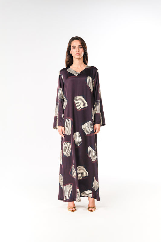 Italian Midnight Geometry Beadwork Viscose Satin Caftan
