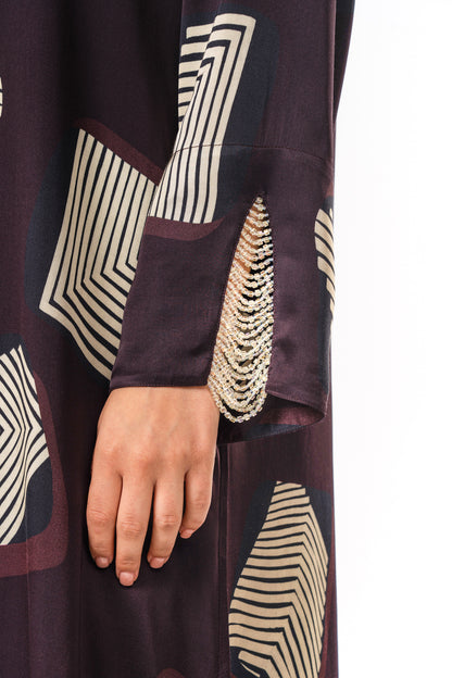 Italian Midnight Geometry Beadwork Viscose Satin Caftan