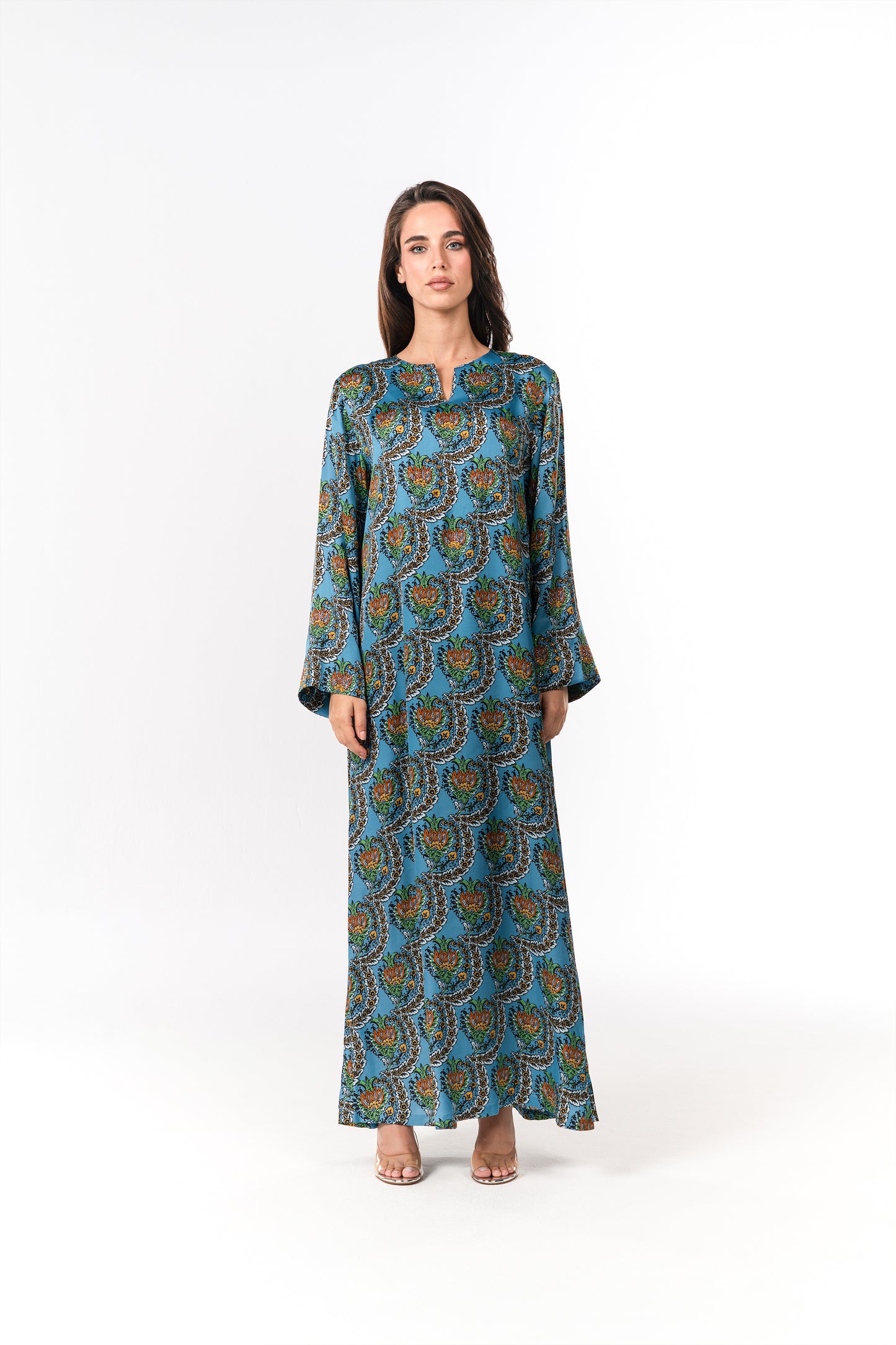 Italian Turquoise Scallop Viscose Satin Caftan