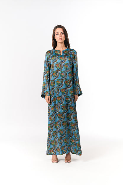 Italian Turquoise Scallop Viscose Satin Caftan