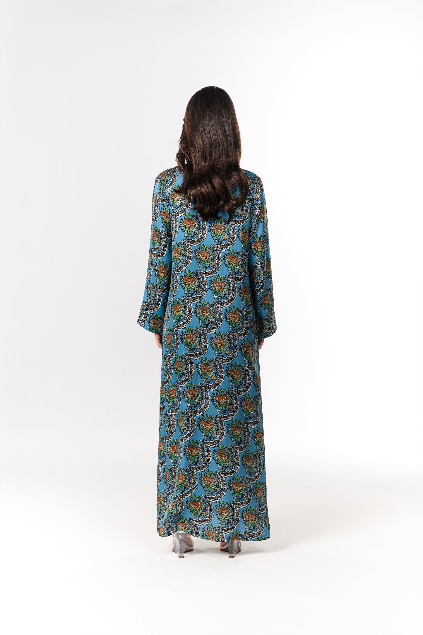 Italian Turquoise Scallop Viscose Satin Caftan