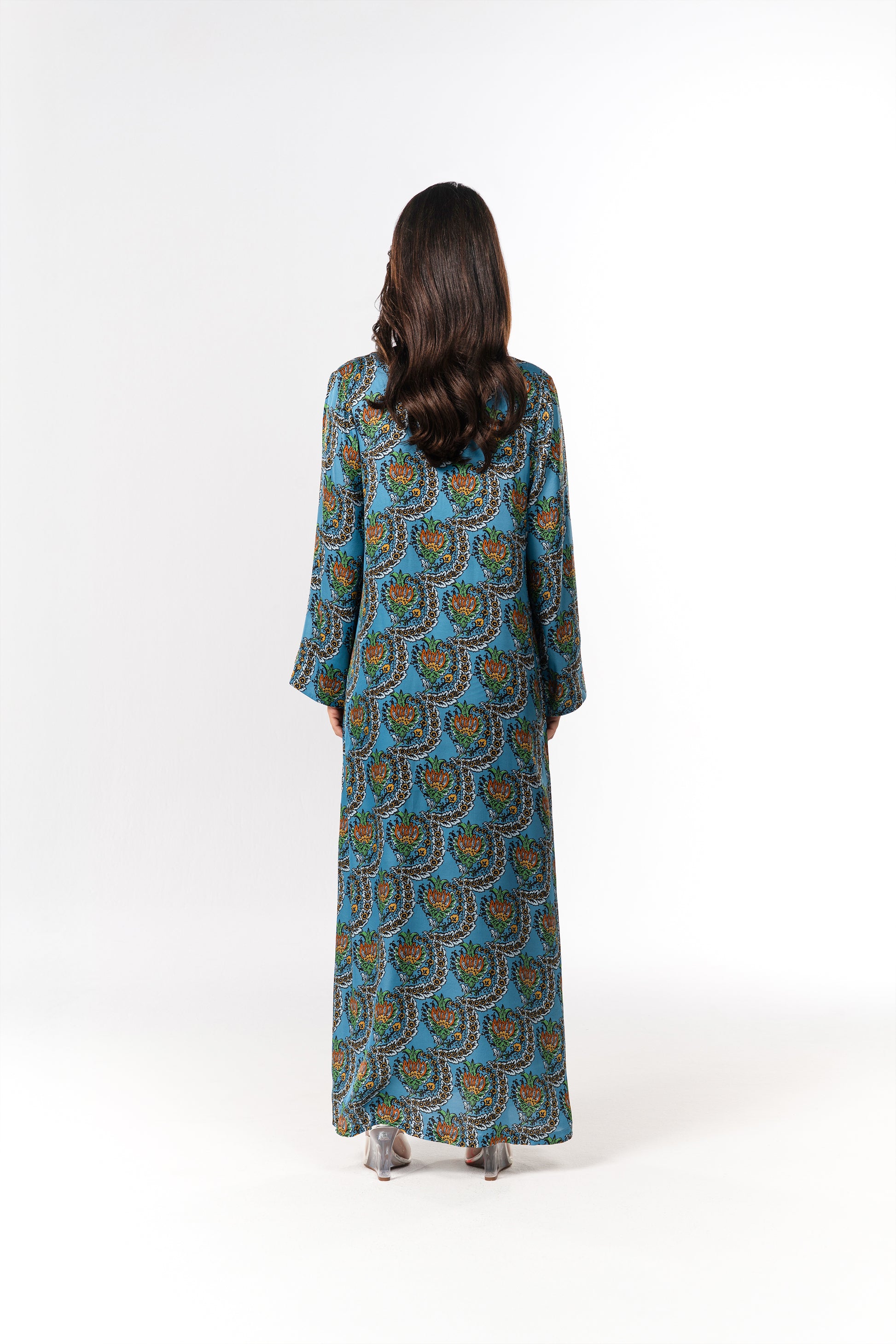 Italian Turquoise Scallop Viscose Satin Caftan