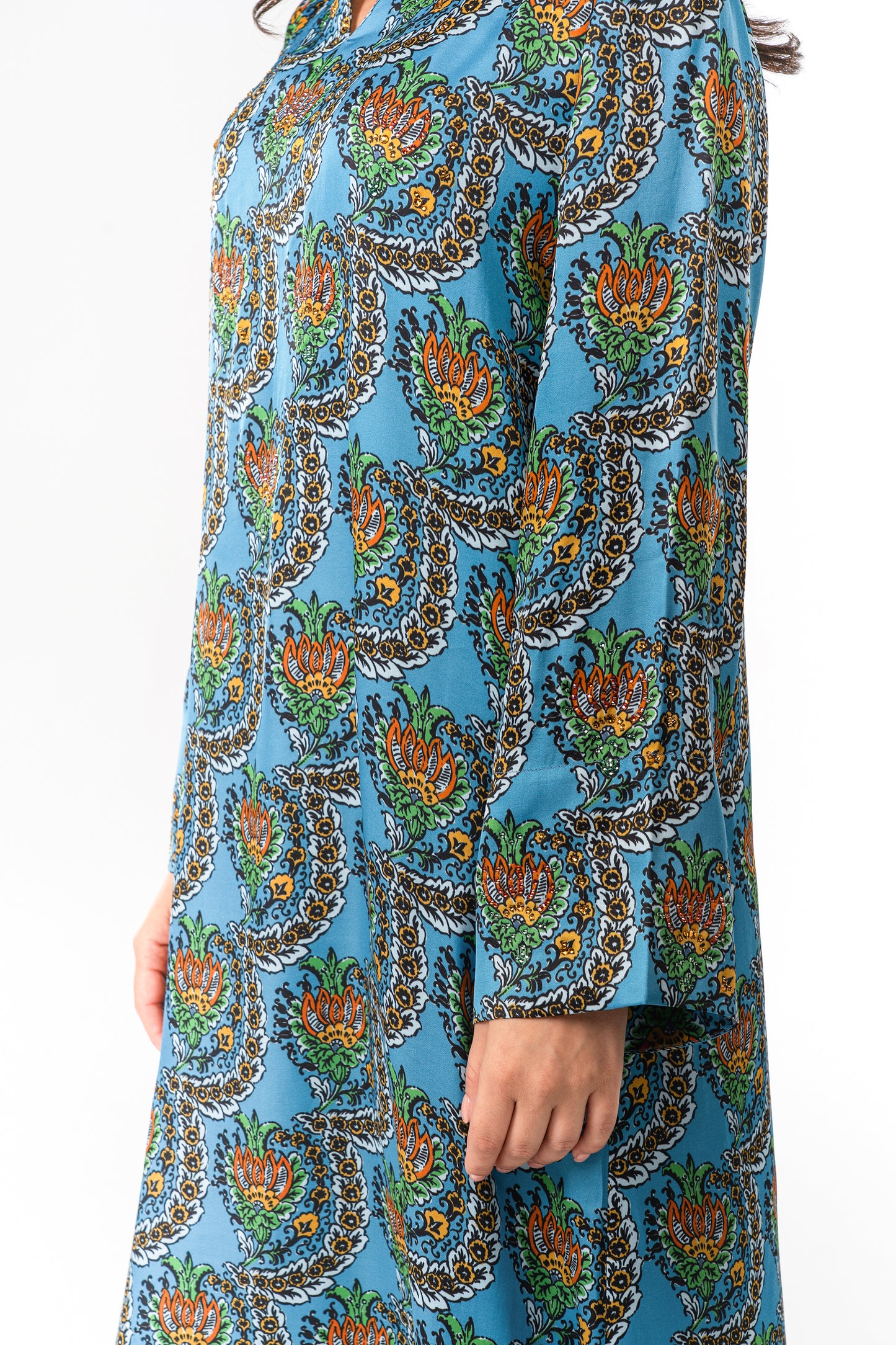 Italian Turquoise Scallop Viscose Satin Caftan