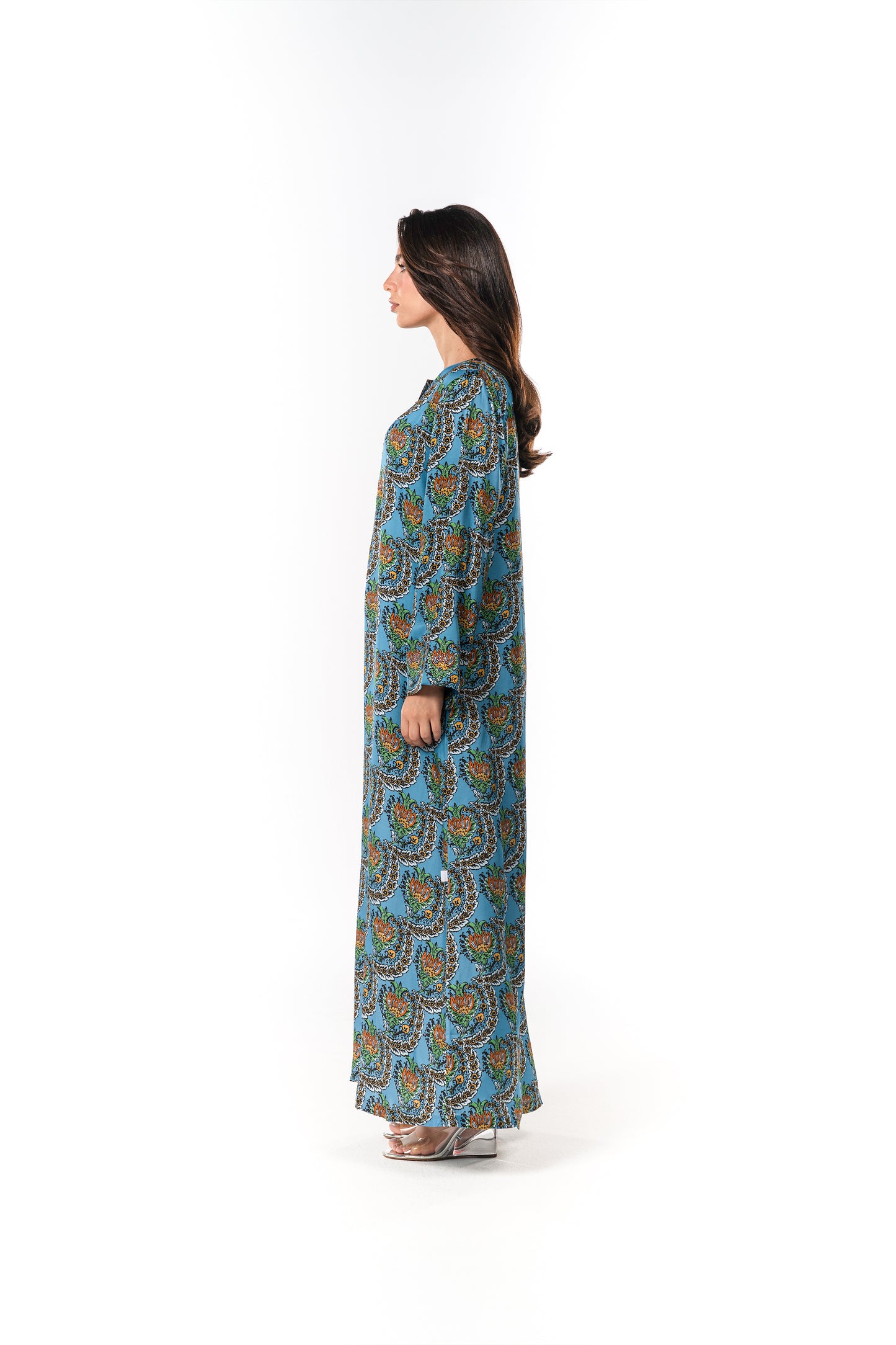 Italian Turquoise Scallop Viscose Satin Caftan